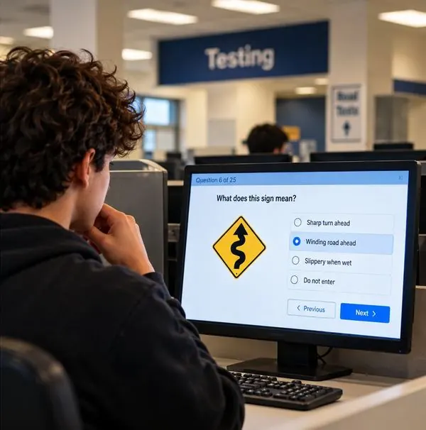 A student answering a road sign question on a testing-center computer