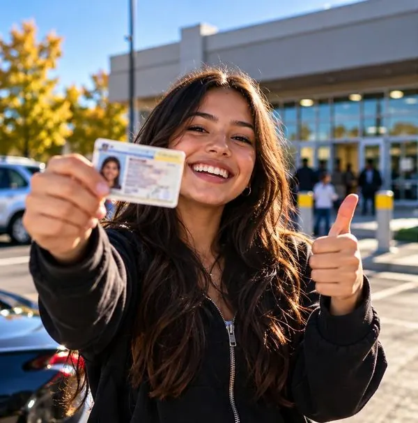 A smiling student holding up a new license with a thumbs up
